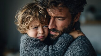 A father comforting his crying child, showing tenderness and emotional support