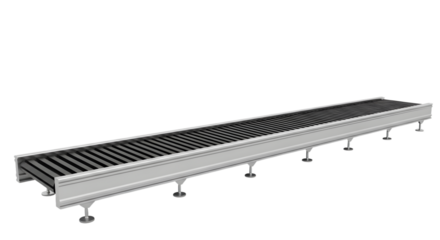 Long industrial roller conveyor belt system for logistics and transport