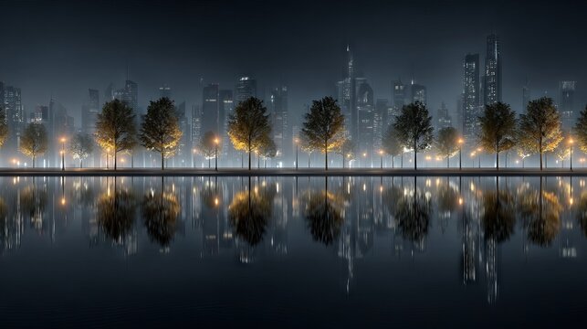 Abstract cityscape at night with green trees glowing lights and reflections in futuristic urban skyline background - Powered by Adobe