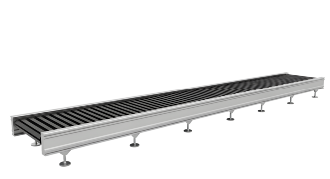 Long industrial roller conveyor belt system for logistics and transport