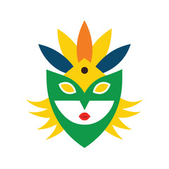Stylized flat design carnival mask with green yellow blue and orange elements Keywords: carnival, mask, masquerade, party, celebration, costume