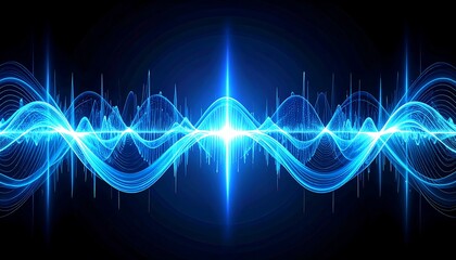 Graphic abstract with luminous blue waves and vertical beams of light on a dark background