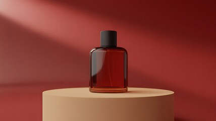 Amber glass bottle with dark cap on a pedestal with warm lighting