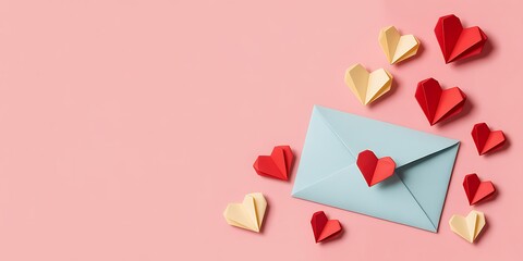 Light blue envelope with red and gold paper hearts on pink background