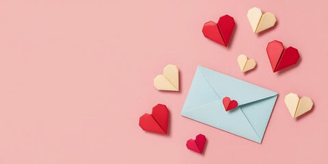Light blue envelope with red and cream paper hearts on pink background
