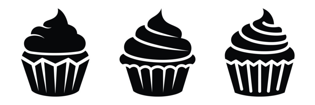 cupcake frost minimal food icon set, black color and white background