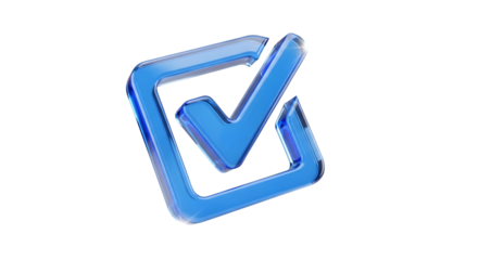 A blue glass check mark inside a square frame