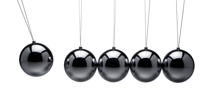 Newtons cradle with five metal spheres demonstrating physics and momentum - Powered by Adobe