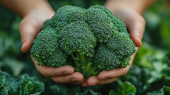 Freshly harvested organic broccoli in hands high resolution image