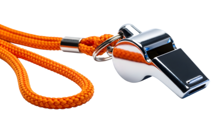 A shiny silver whistle with an orange lanyard