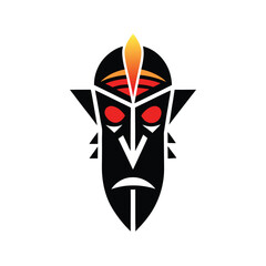 Stylized Tribal Mask Icon with Red Eyes and Orange Crest on White Keywords: tribal, mask, icon, african, art, culture, design, symbol, face