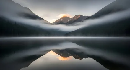 Poster Reflectie Misty mountains reflected on a still lake at sunrise with golden light illuminating peaks  © Canities