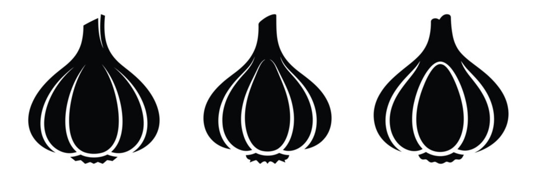 garlic clove minimal food icon set, black color and white background