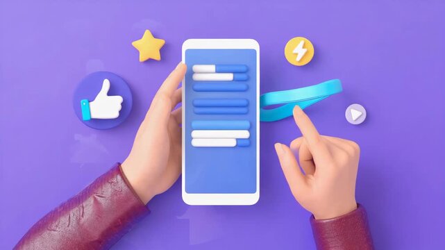 3D Hands Using Smartphone App With Social Media Icons On Purple Background - Powered by Adobe