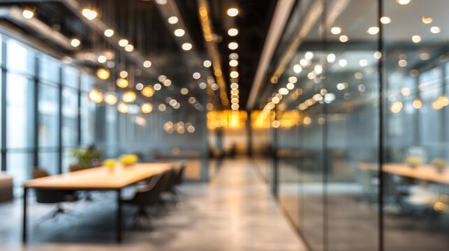 Blurred office interior with lights and glass walls in a modern building. High quality