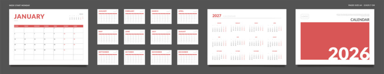 2026 Calendar Planner Set of Template Monthly Page, Cover with Place for Photo, Company Logo, Annual 2027. Vector layout of wall or desk Calendar for print. Week start Monday. 2 Weekend red. Pages A4
