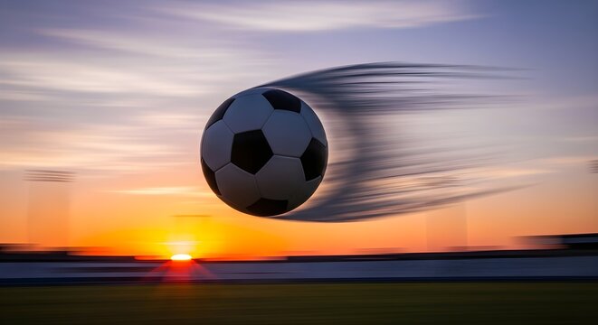 Soccer ball motion blur with stadium lights and sunset sky sports speed - Powered by Adobe