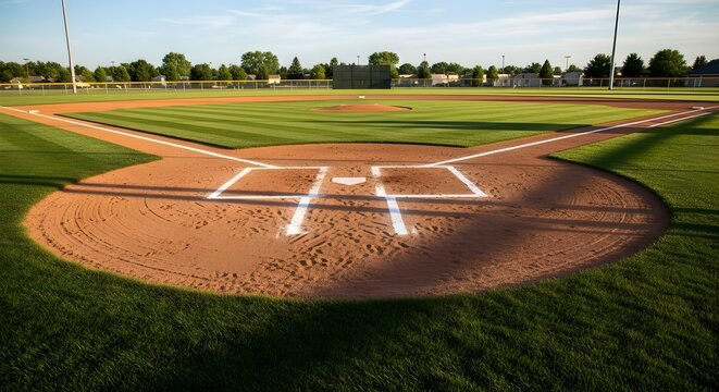 A well maintained baseball field with home plate base paths and outfield under a clear sky