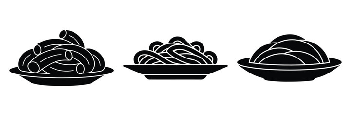 pasta plate minimal food icon set, black color and white background