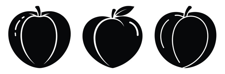 peach whole minimal food icon set, black color and white background