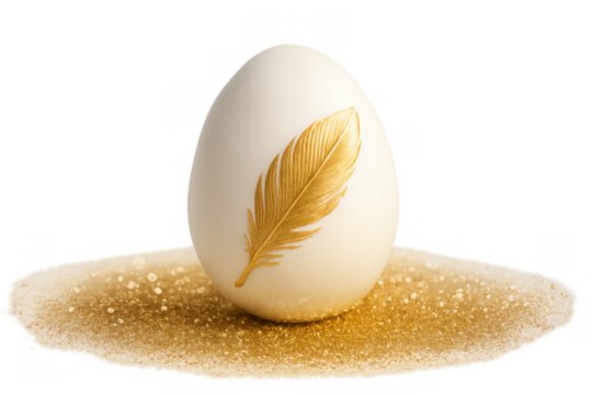 White easter egg with golden feather and glitter, symbolizing luxury, celebration, and new beginnings on transparent background
