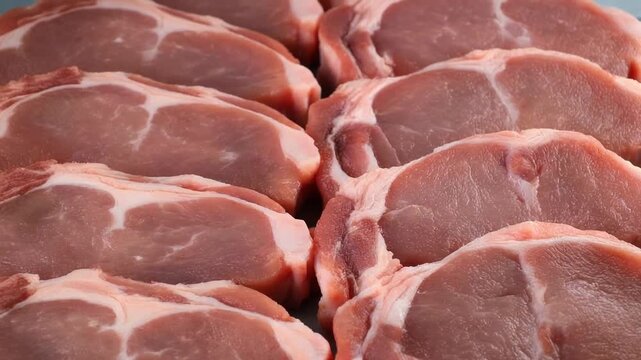 Multiple fresh, raw boneless pork loin chops arranged in neat rows.