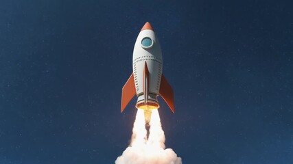 A retro-style rocket launching through the clouds into a starry sky. - Powered by Adobe