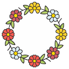 Obraz premium Floral Wreath with Red Yellow and Blue Flowers and Green Leaves Border Element