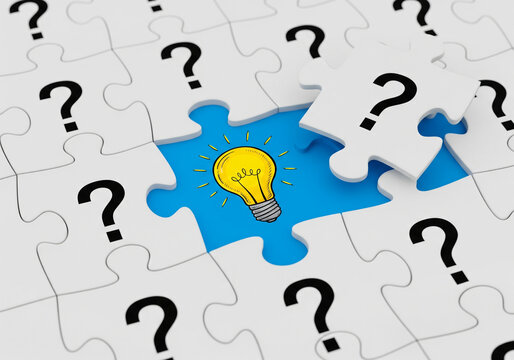 Creative idea concept: lightbulb in a jigsaw puzzle with question marks