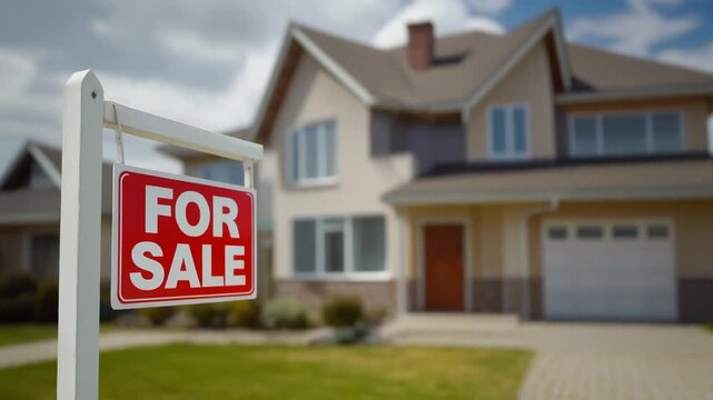 A 'For Sale' sign in the foreground with a blurred suburban house in the background. - Powered by Adobe