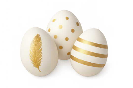 Elegant easter eggs with golden feather, polka dots, and stripes design, celebrating spring and holiday traditions - Powered by Adobe
