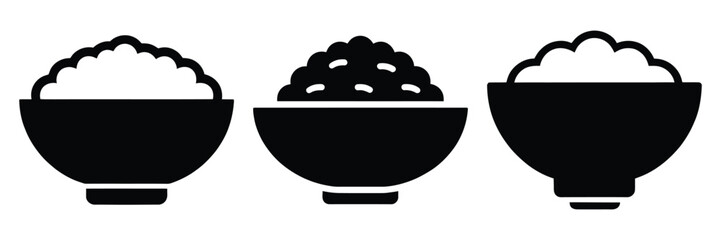 rice bowl minimal food icon set, black color and white background