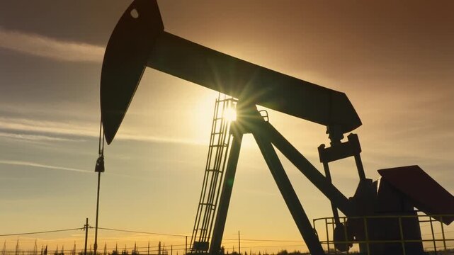 An oil pump jack silhouetted against the bright sun at dusk or dawn.