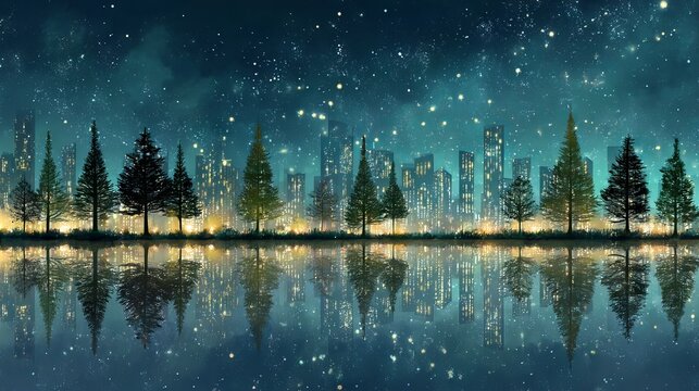 Abstract cityscape at night with green trees glowing lights and reflections in futuristic urban skyline background - Powered by Adobe