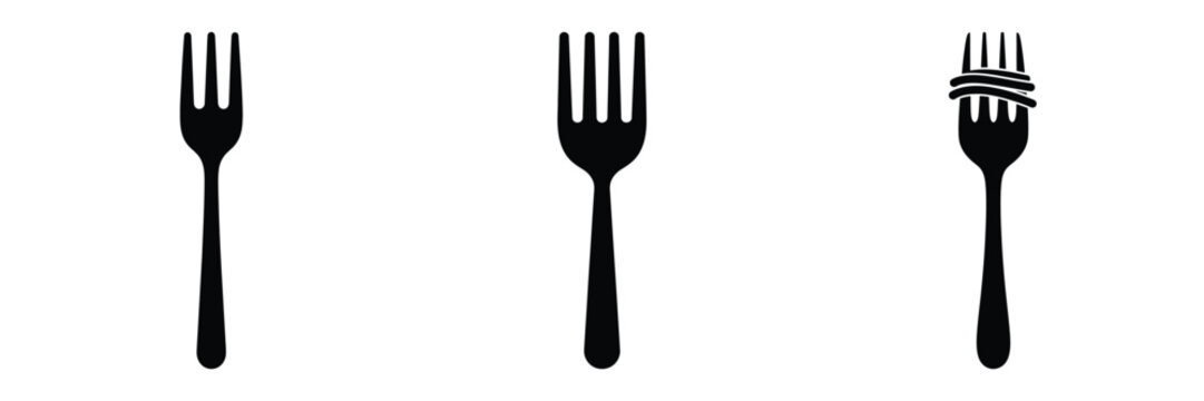 spaghetti fork minimal food icon set, black color and white background