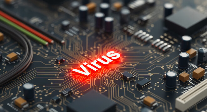 A digital virus highlighted on a circuit board, a striking visual metaphor for the silent threats within our digital world.