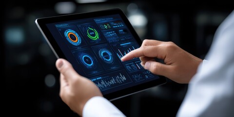 Analyzing data insights with touchscreen technology modern office digital content high-tech environment close-up viewpoint interactive visualization