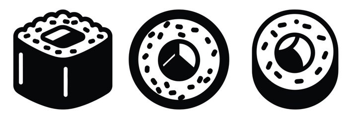 sushi roll minimal food icon set, black color and white background
