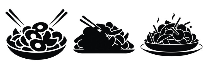 stir fry minimal food icon set, black color and white background