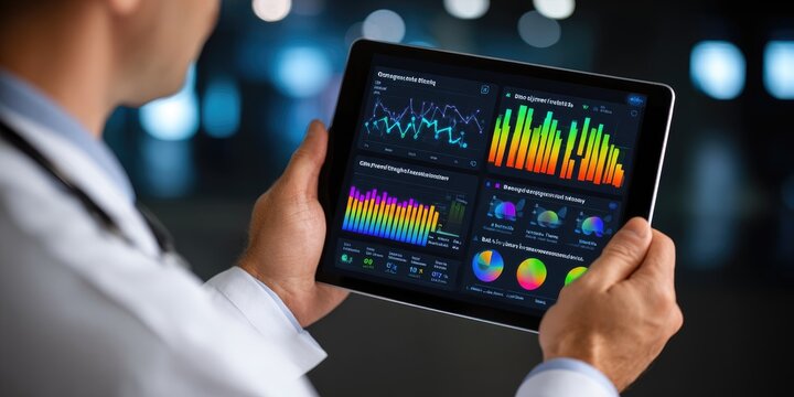 Analyzing healthcare data trends hospital setting digital analytics professional environment close-up view insights for enhanced patient care - Powered by Adobe
