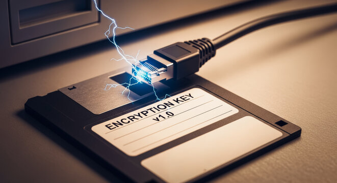 Digital encryption key transfers the electric power. Capturing the essence of cybersecurity.