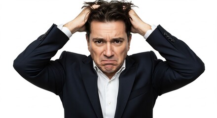 真っ白な背景で深刻な問題に直面し髪をかきむしる男性の苦悩を 明るくクリアな照明が彼の深い悩みと困惑と共に鮮明に際立たせる. AI Generated