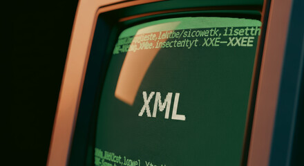 A retro computer monitor displays code, a close-up that transports the viewer back to the early days of computing, the vintage technology exudes nostalgia and intrigue.