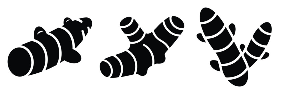 turmeric root minimal food icon set, black color and white background
