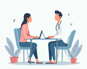 Fototapeta premium Young woman consulting with doctor at a table with laptop indoors 