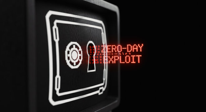 Digital safe icon with glowing zero-day exploit text