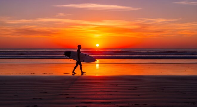 Silhouette of a surfer carrying a surfboard walking on a sandy beach during a vibrant orange sunset over the ocean