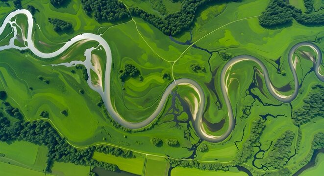 Aerial view of a meandering river flowing through lush green fields and dense forests