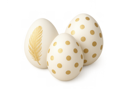 White easter eggs decorating with golden polka dots and feather, celebrating spring holiday with isolated objects