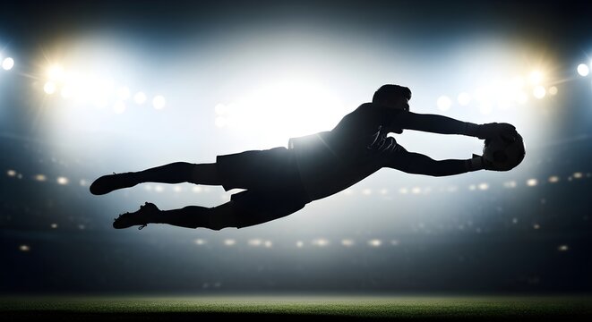 Silhouette of a soccer goalkeeper diving to catch a ball with stadium lights in the background - Powered by Adobe